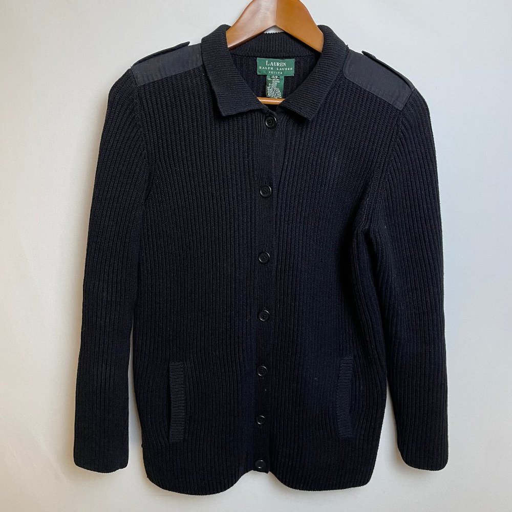 Lauren Ralph Lauren Womens Cardigan Sweater Size PM Black Button Up Heavy